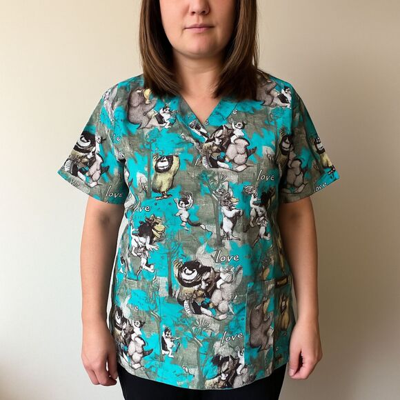 Cherokee Tooniforms WHERE THE WILD THINGS ARE Size M Nurse Scrub V Neck Top - Picture 1 of 8